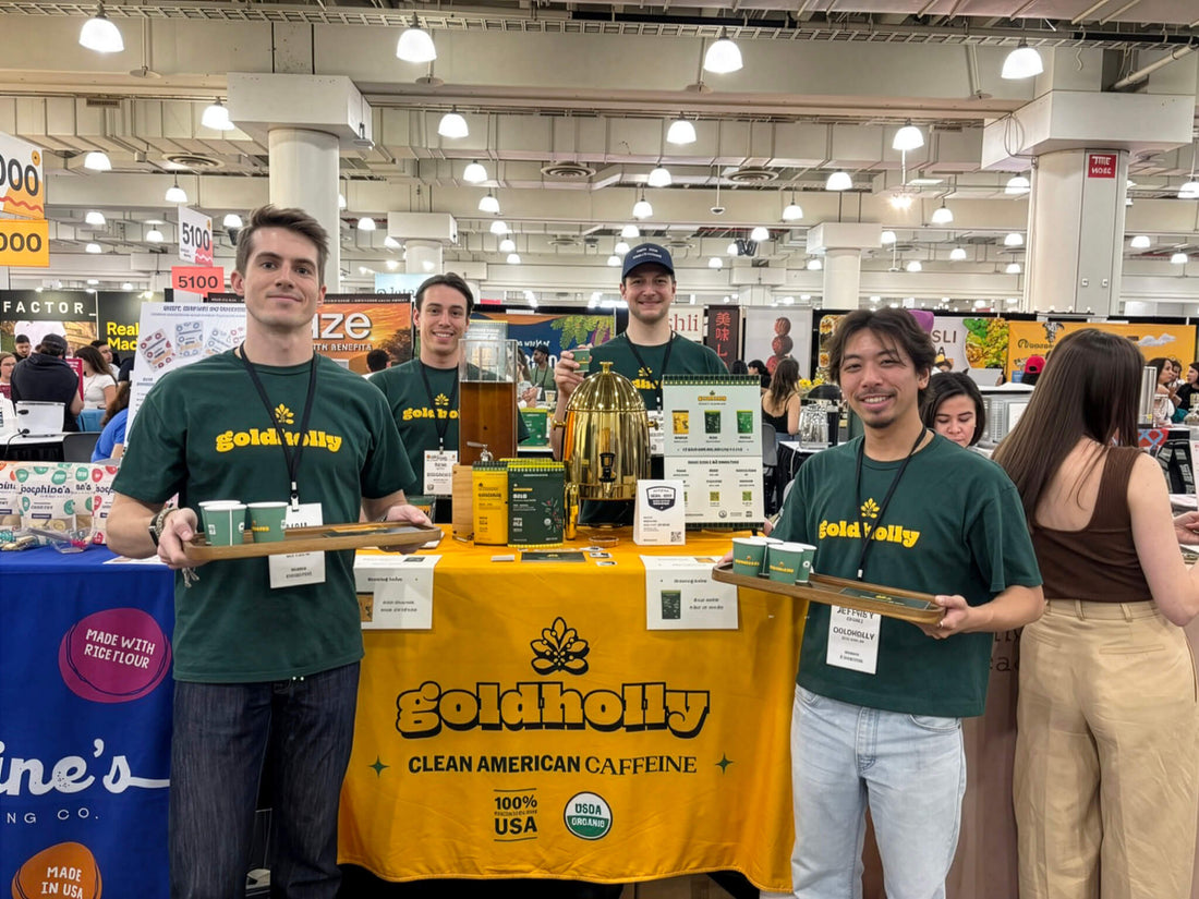 The Goldholly team sampling yaupon tea with visitors in the Naturally Network section at the 2026 Summer Fancy Food Show at the Javits Center