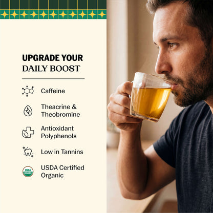 Man sipping golden brewed yaupon tea from a clear glass mug with Upgrade Your Daily Boost messaging highlighting caffeine, theacrine, theobromine, antioxidant polyphenols, and low tannins