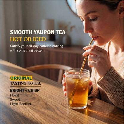 Woman sipping iced yaupon tea through a gold straw with Smooth Yaupon Tea Hot or Iced messaging and Original tasting notes: Bright + Crisp, Floral, Sweet, Light-Bodied