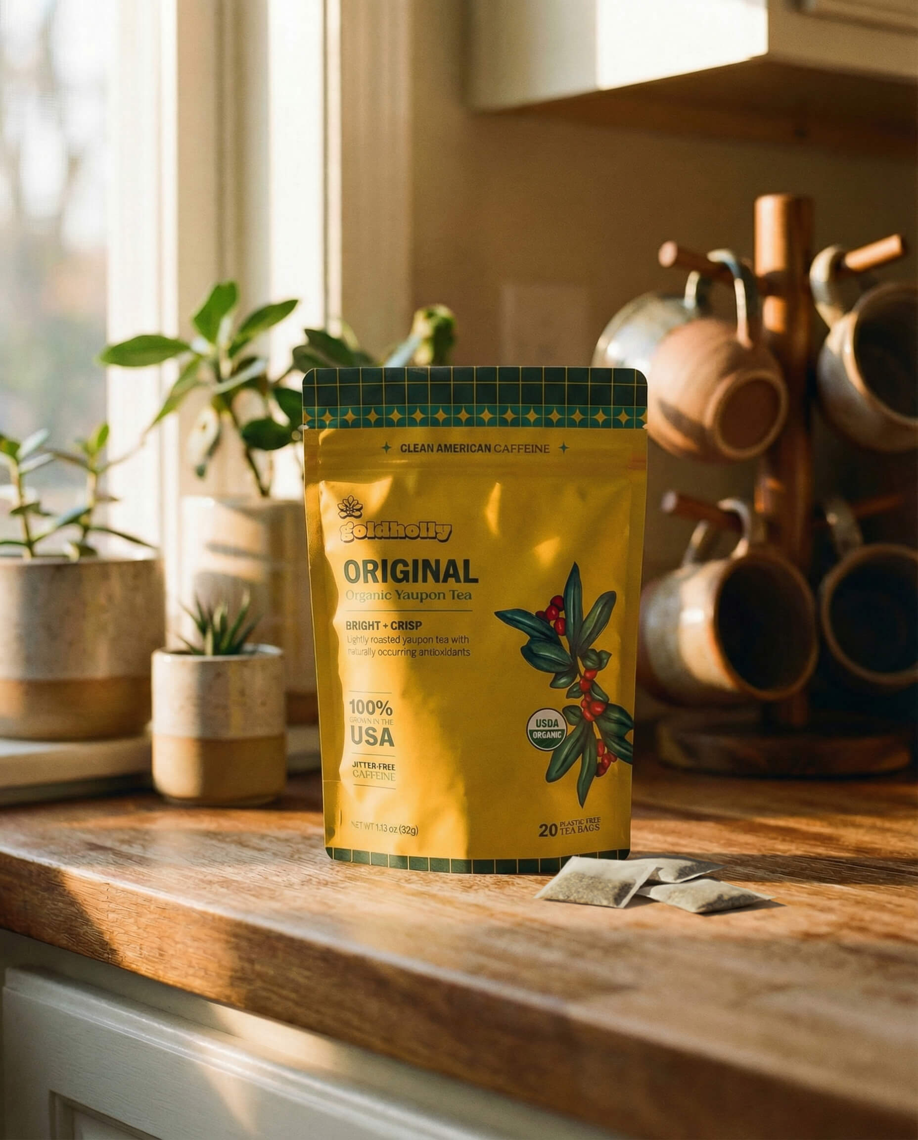 Goldholly Original organic yaupon tea pouch on a warm sunlit kitchen counter with loose teabags beside it, copper mug tree and green plants in the background