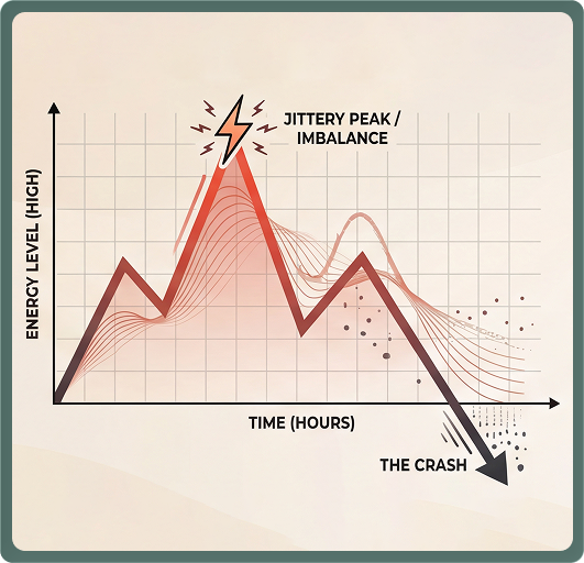 Goldholly organic regenerative yaupon tea energy curve chart comparing smooth sustained energy with no spike, crash, or jitters