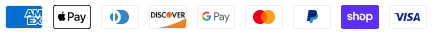 Accepted payment methods: American Express, Apple Pay, Diners Club, Discover, Google Pay, Mastercard, PayPal, Shop Pay, and Visa.